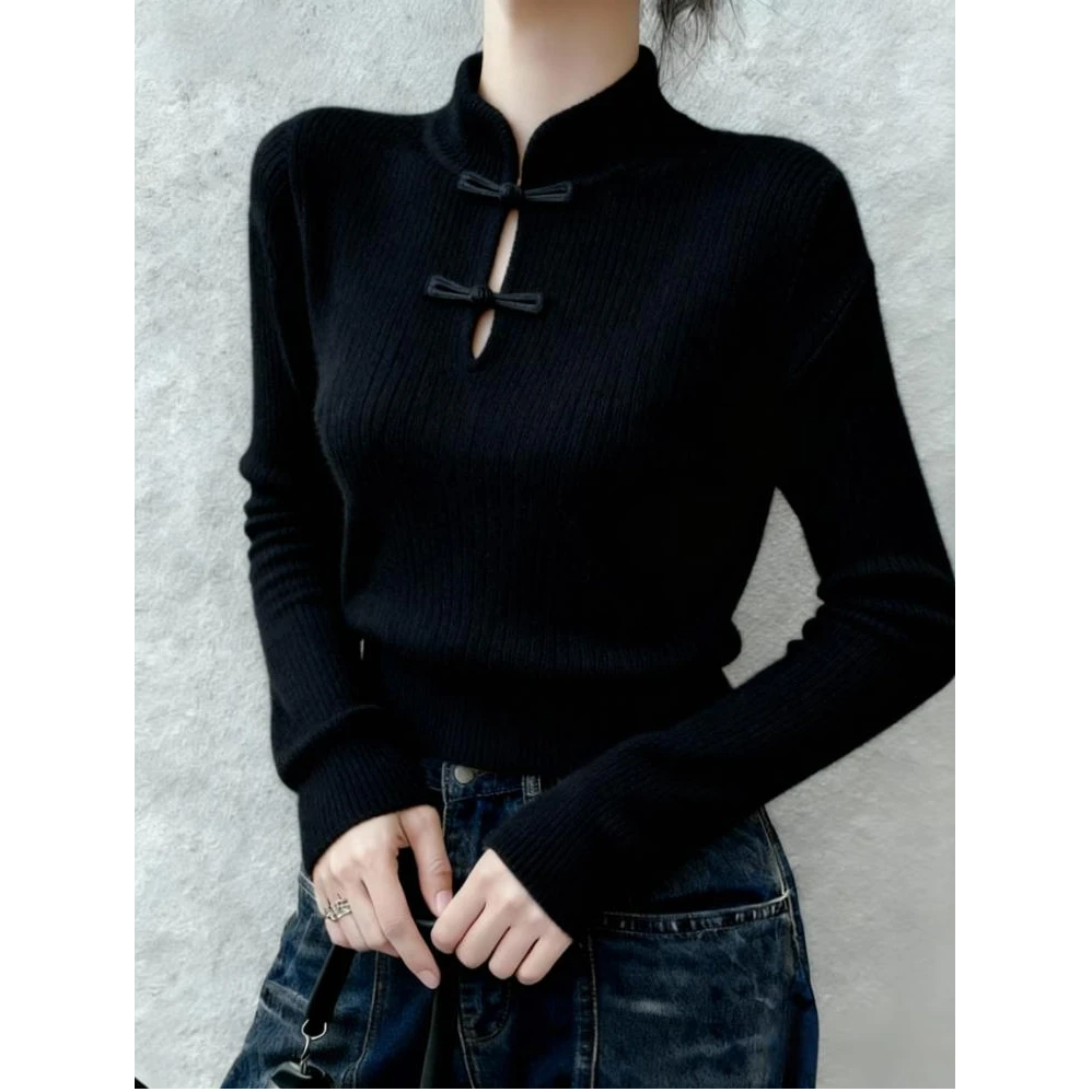 新中式减龄国风盘扣毛衣上衣女春秋季新款通勤风黑色半立领针织衫