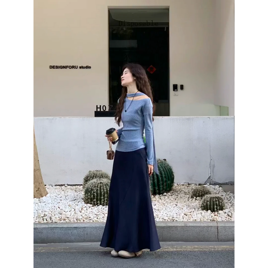 蓝色斜肩挂脖飘带气质长袖针织衫女早春新款修身半身裙套装