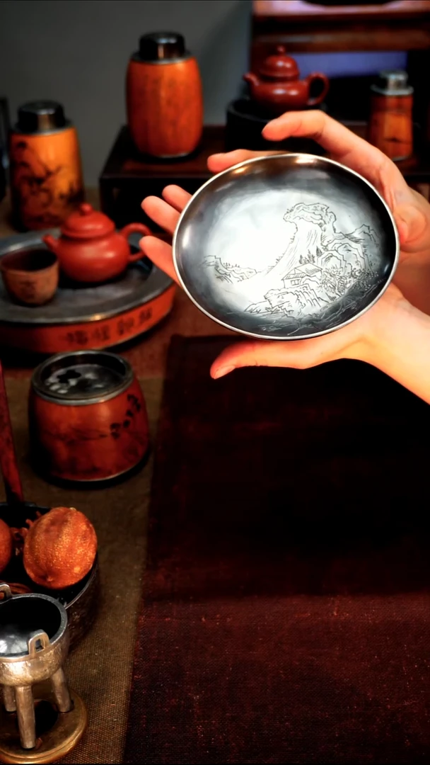 0883雕刻纯锡高足清供盘13*4