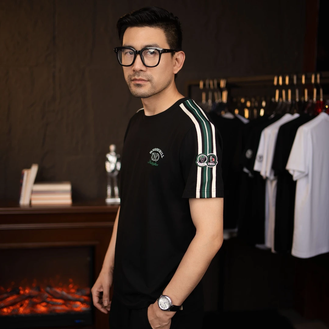 VANGOUHILL/梵高希夏季新款匹马棉男士修身大气刺绣休闲短袖