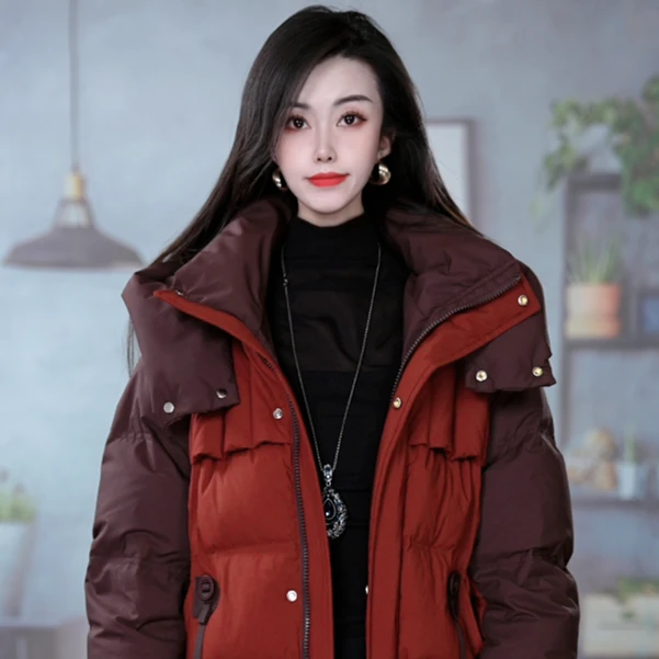 冬季新款时尚高级感撞色连帽加厚I显瘦羽绒服外套M-4XL