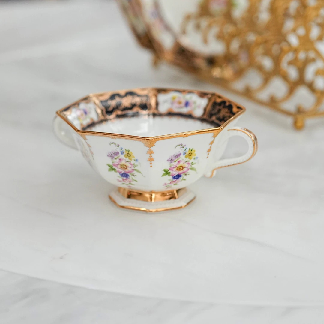 【奇居】 镁质瓷浮雕描金黑金色花卉双耳碗燕窝碗#S4315F