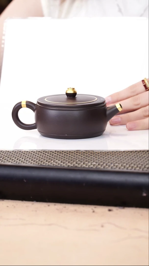 茶壶紫砂四号井茄皮紫泥描金玉鼓井栏150cc