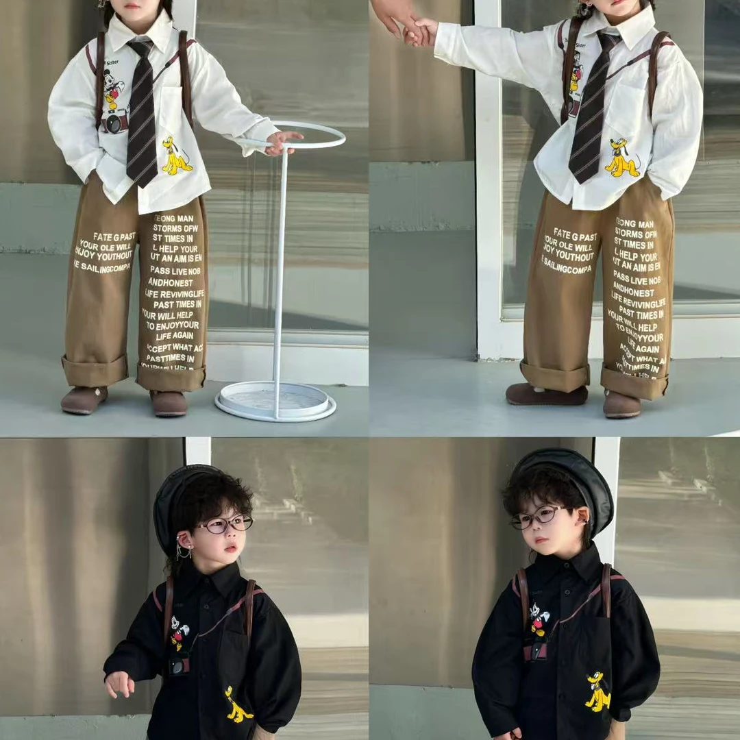 男童衬衫套装2025韩版秋季新款儿童米奇印花衬衫做旧印花BY258
