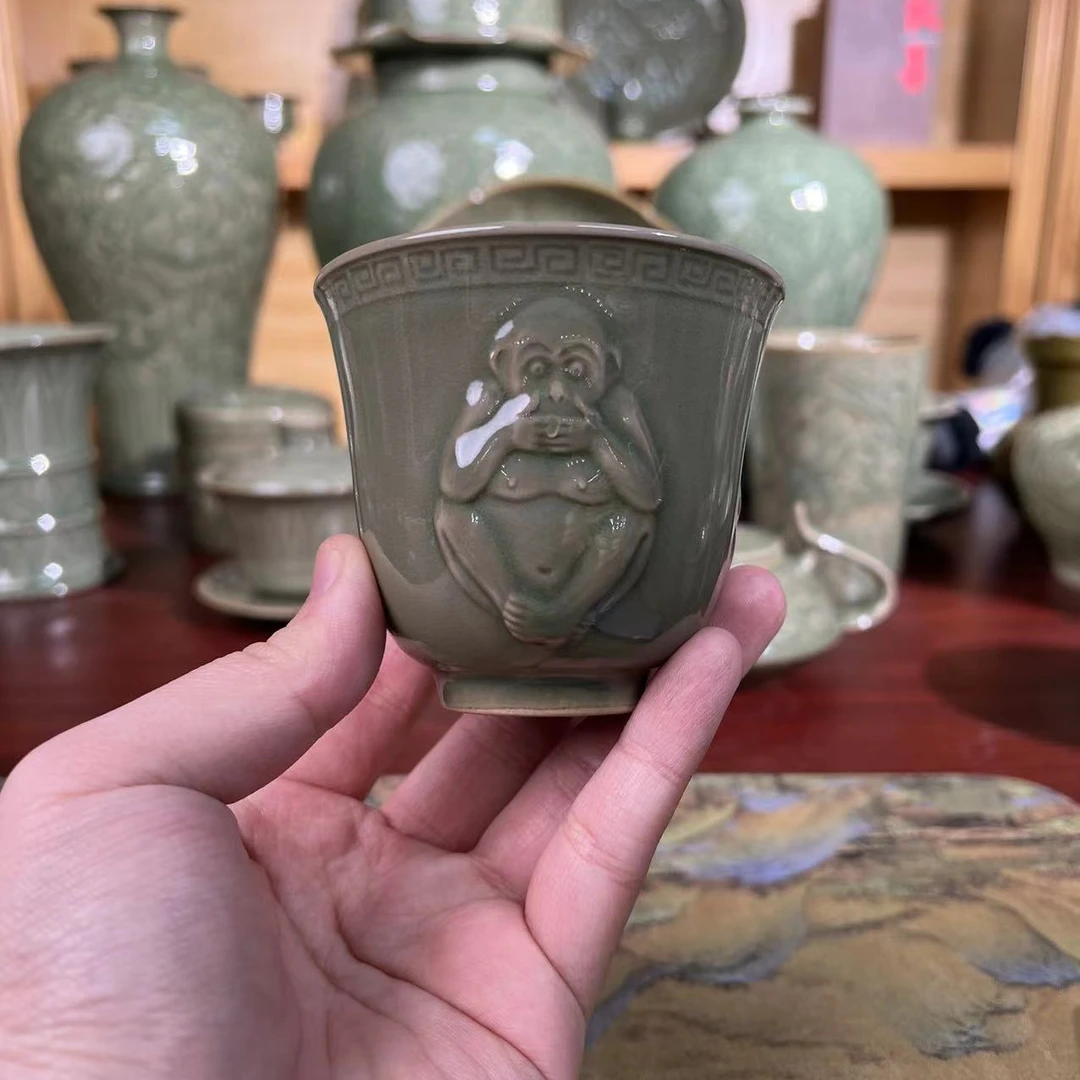 耀州窑青瓷三不猴主人杯一个