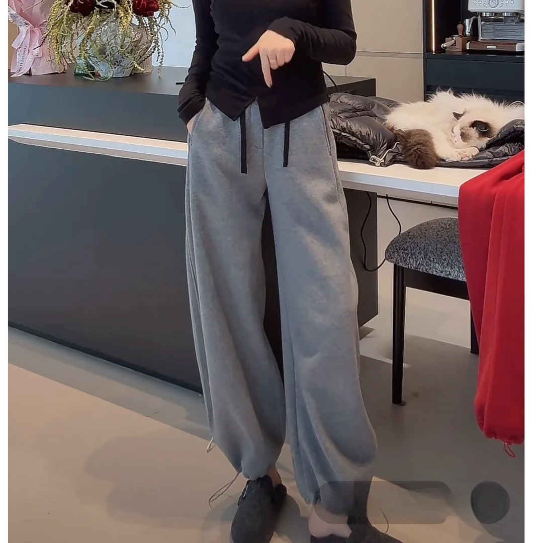 设计感加绒加厚撞色腰阔腿裤女秋冬洋气拖地裤长裤宽松弯刀12192