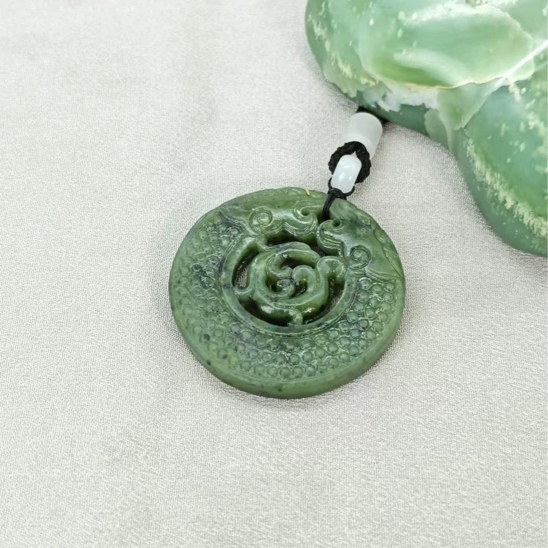 和田玉碧玉经典复古双螭龙吊坠/HG-BYDZ-62