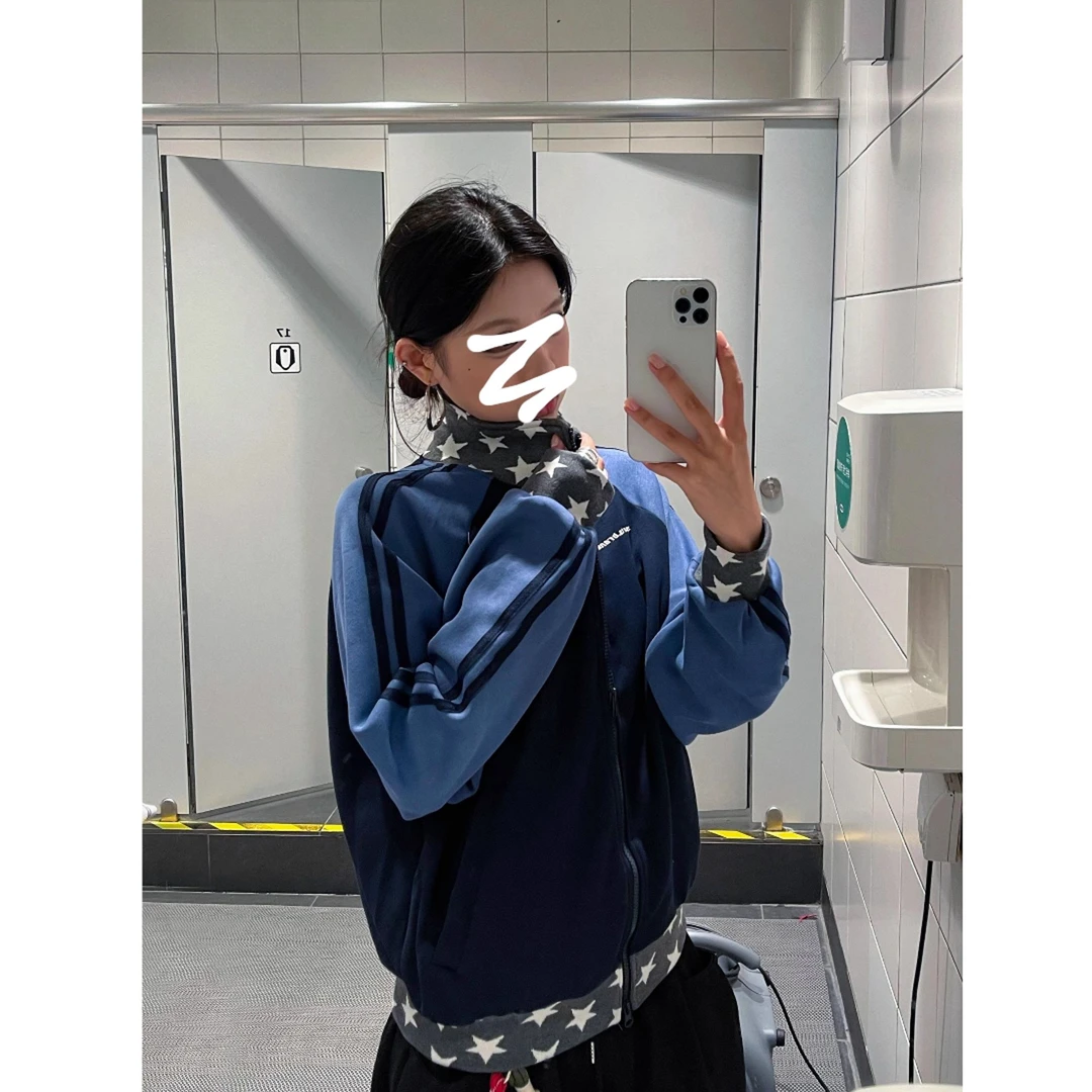 美式复古星星立领运动开衫卫衣外套女秋季拼接撞色短款上衣