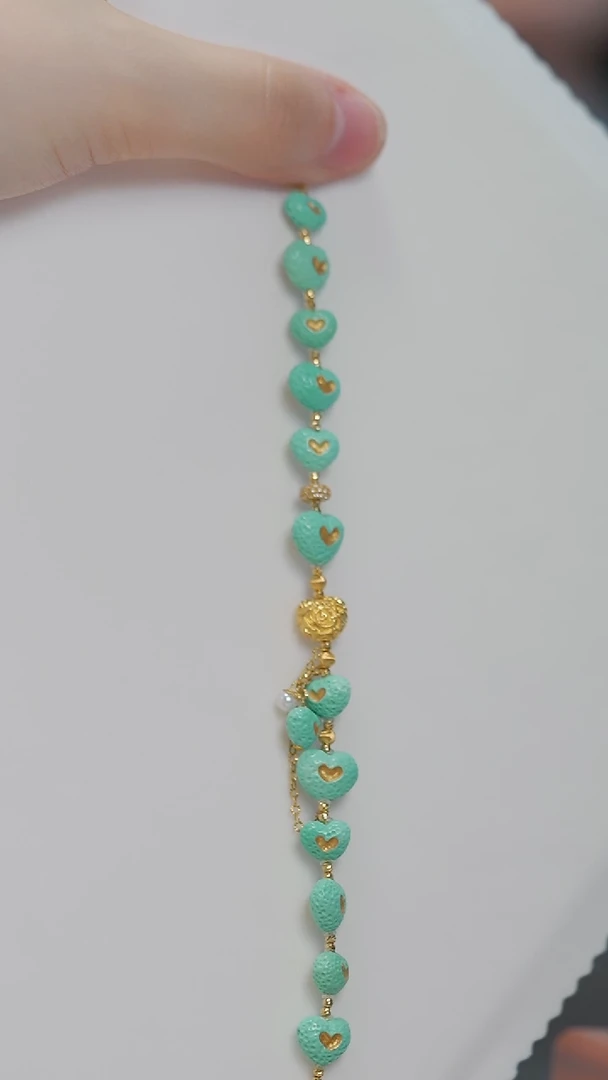 18K金镶嵌绿松石手链全金原矿爱心