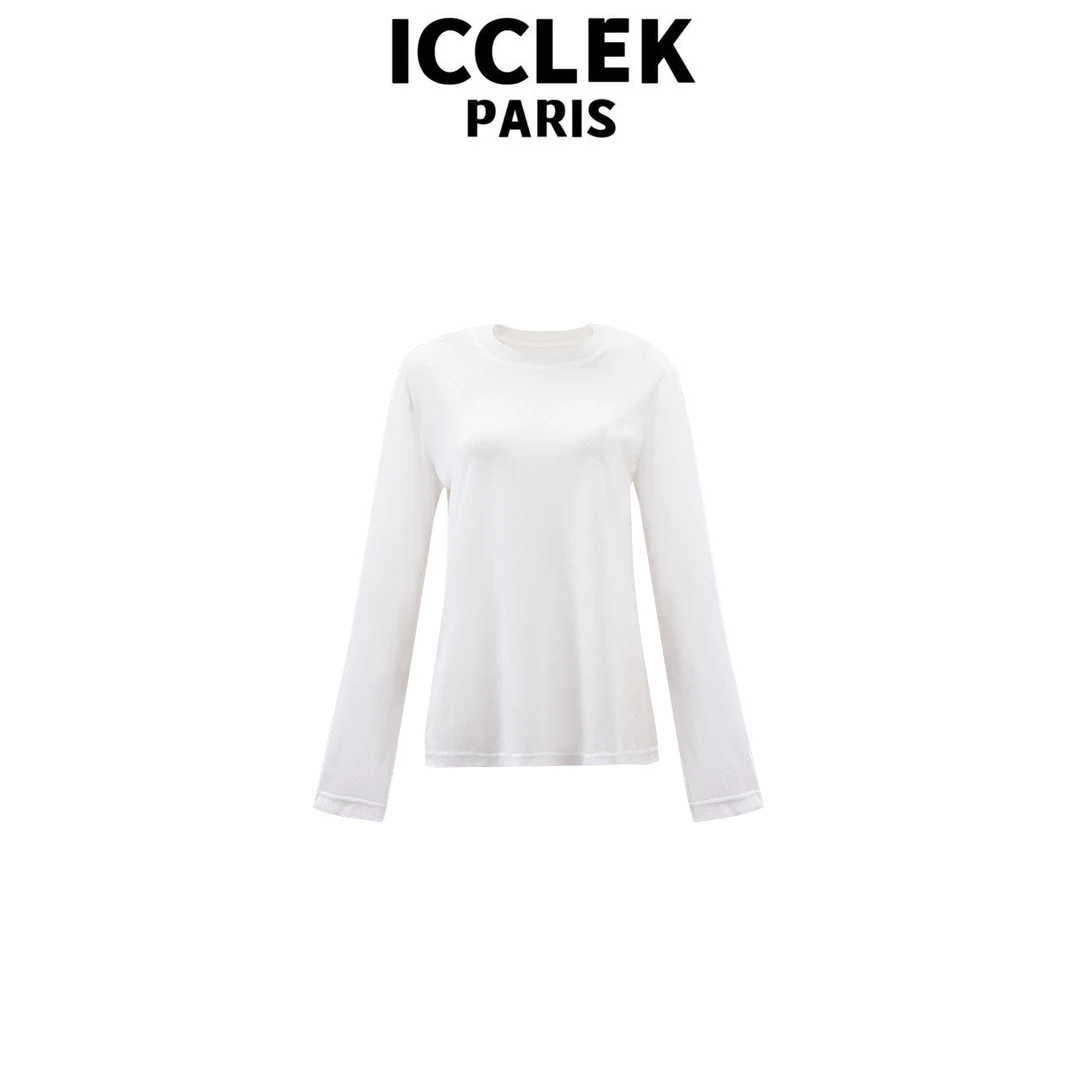 ICCLEK 白色刺绣长袖打底T恤气质轻奢名媛休闲百搭简约通勤 -6288