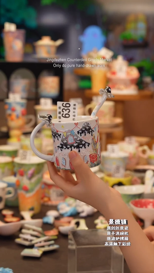 杯子呓*636景德镇陶瓷手工手绘高温釉下彩MGW两件套