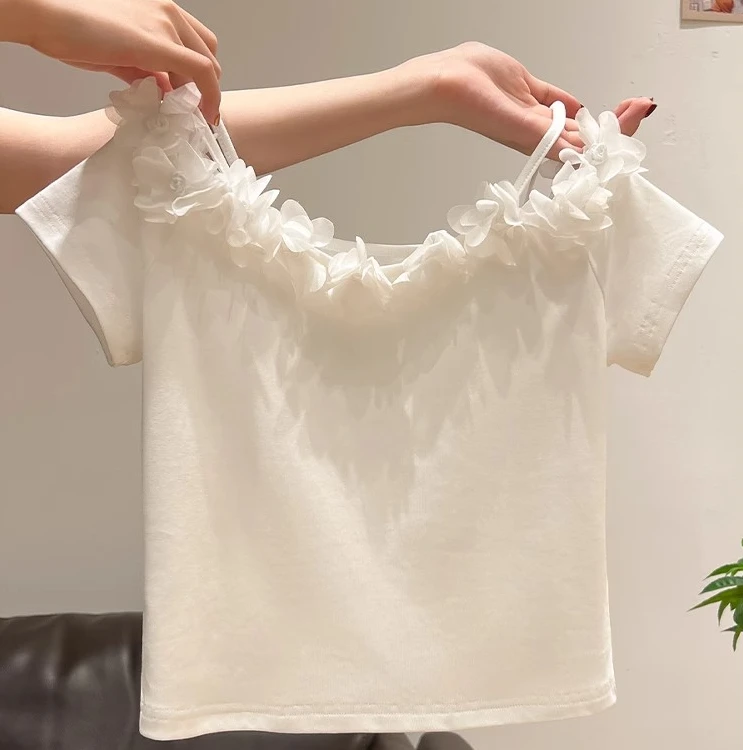 一字领立体花朵长袖T恤女夏季新款纯欲小众设计感修身正肩短上衣