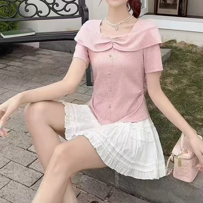 2025夏季新款时尚百搭短袖T恤女款收腰荷叶边上衣别致小衫2530