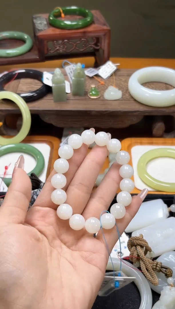 未镶嵌手串和田玉无*卡12青海野牛沟白玉 圆珠
