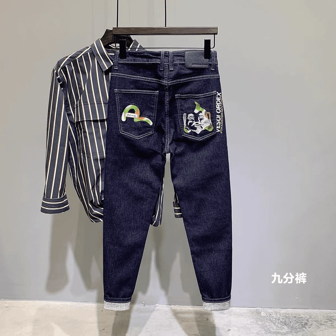 潮牌美式刺绣复古深蓝色牛仔裤男春秋修身九分弹力小脚裤潮流长裤