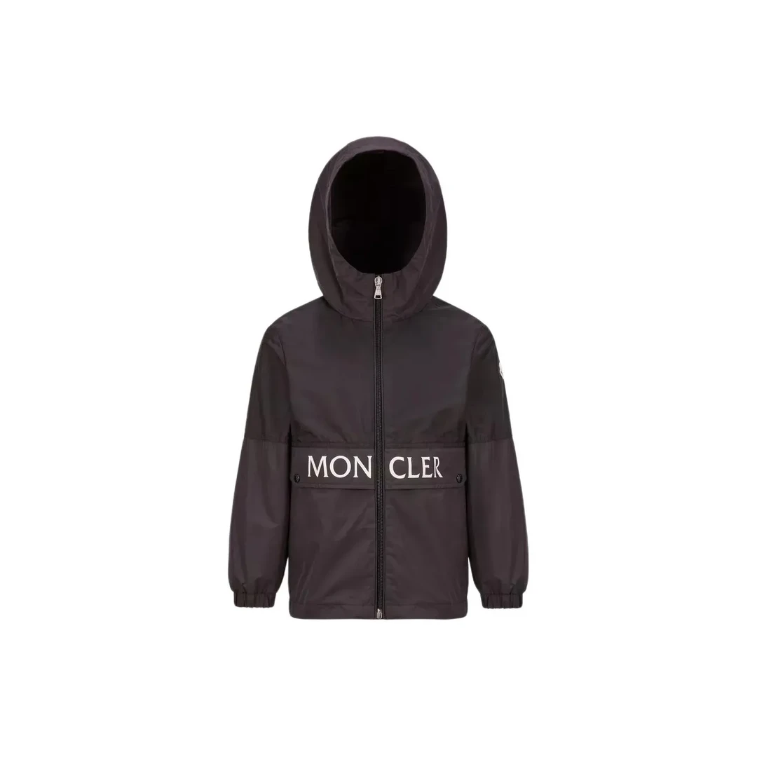 全新未使用 MONCLER 字母印花拉链连帽长袖夹克外套 儿童款 黑