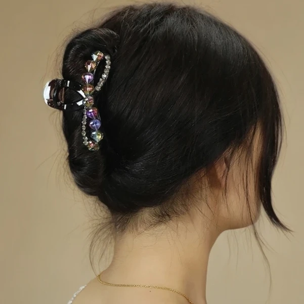 精致发饰抓夹轻奢优雅水晶后脑勺盘发卡鲨鱼夹炫彩紫发夹气质夹子