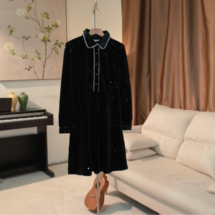 G198 洋气蕾丝拼接中长款亮片丝绒连衣裙女 43YC36