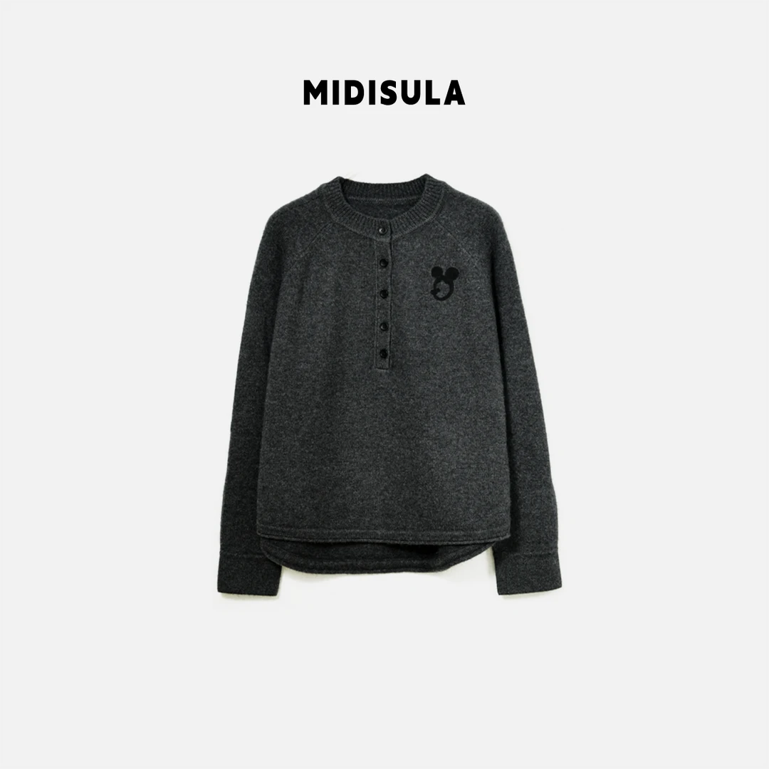 【H.MDSL】圆领半排扣胸口米奇刺绣设计感时尚洋气毛衣#2117