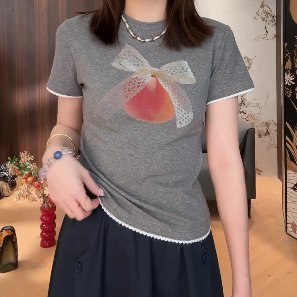 夏装2025年新款苹果蝴蝶结短袖t恤上衣