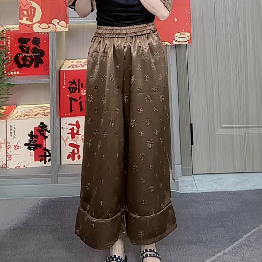 新中式印花女装阔腿裤宽松九分直筒休闲裤子