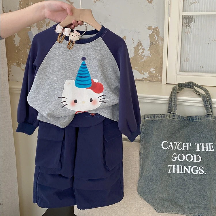 女童时尚卡通拼色卫衣2025春季新款可拆卸猫咪围裙洋气工装裤套装
