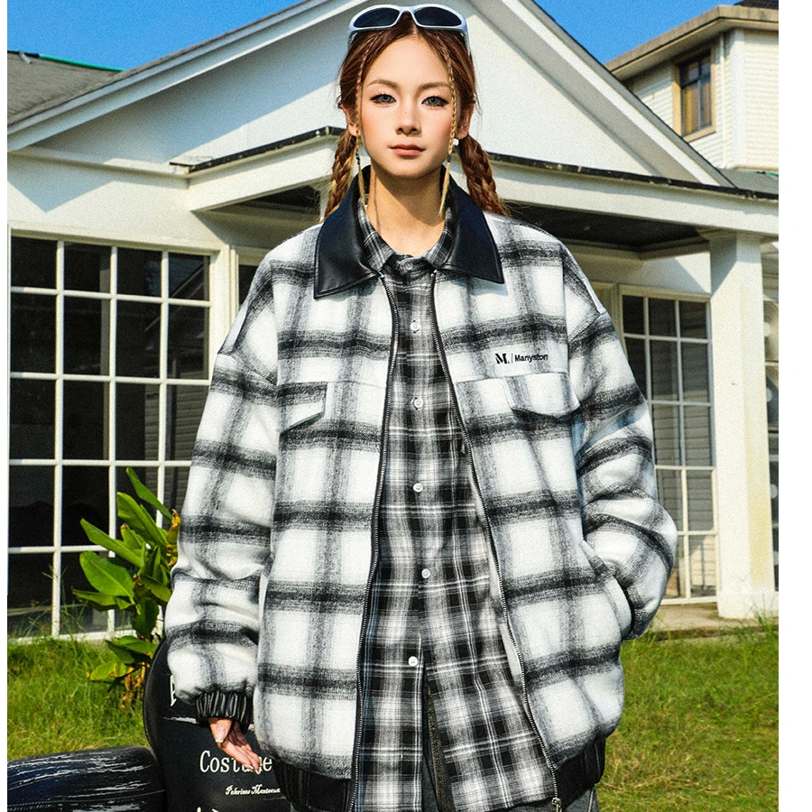 MANYSTON美式高街格子棉服外套男冬季保暖棉袄翻领飞行员夹克棉衣