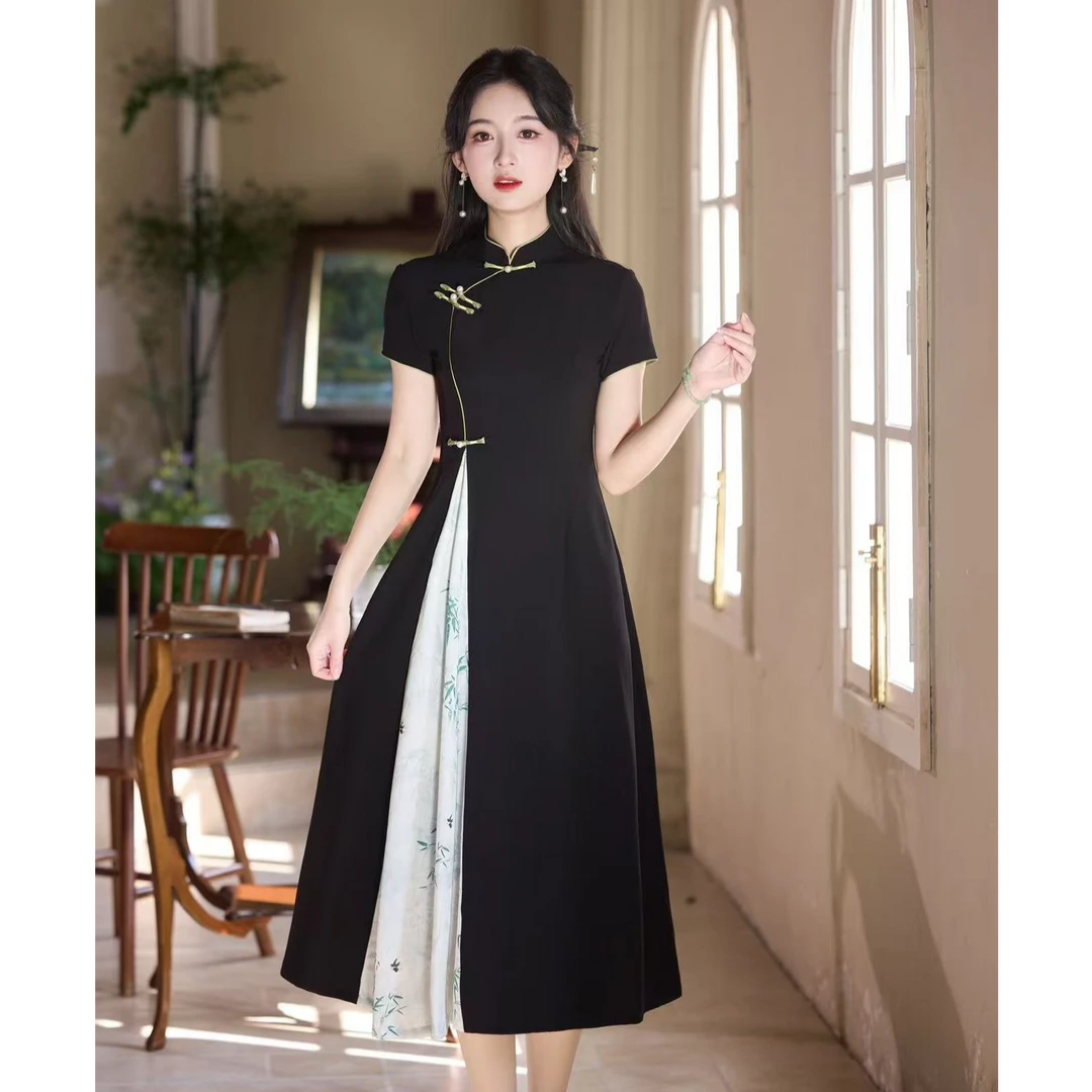 故梦/S-3XL  夏季2025新款旗袍黑色显瘦气质优雅新中式改良款日常