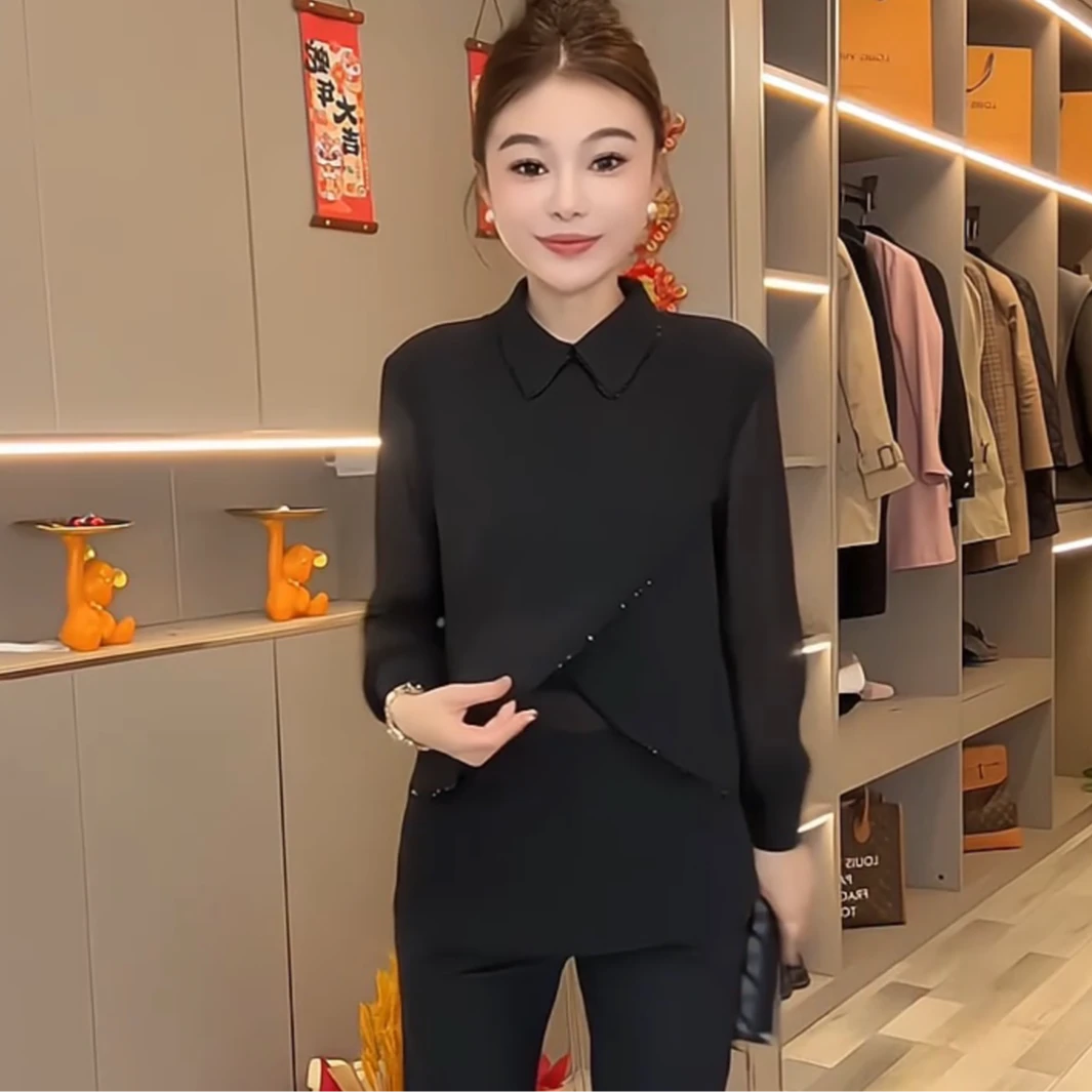 【SSS】时尚百搭洋气遮肉显瘦翻领、圆领重工串珠假两件衬衫