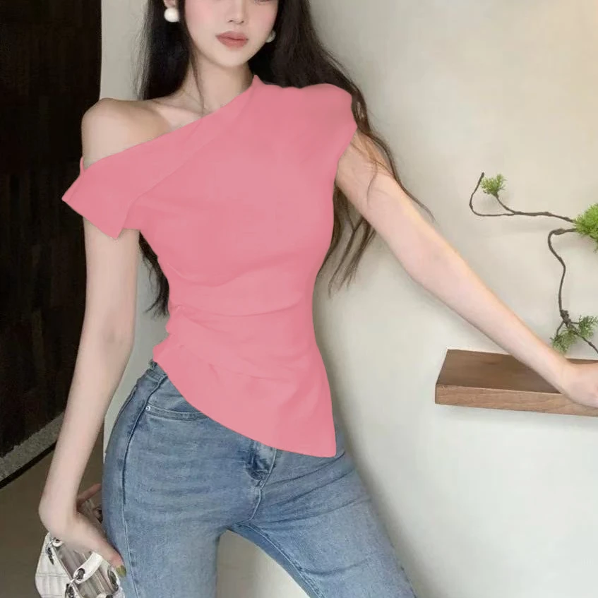 夏季新款粉色斜肩短袖T恤小众不规则设计显瘦洋气百搭上衣温柔风