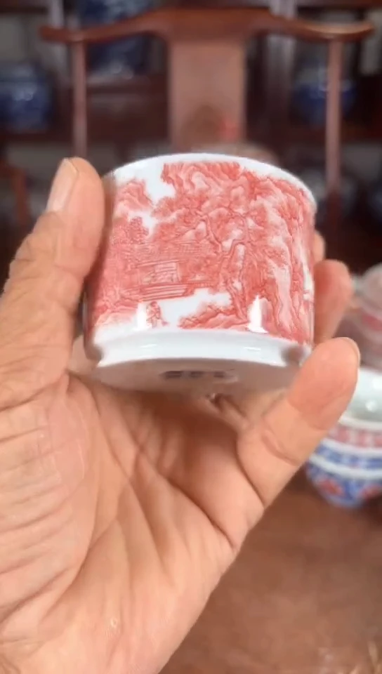 柴窑釉里红山水融天杯杯