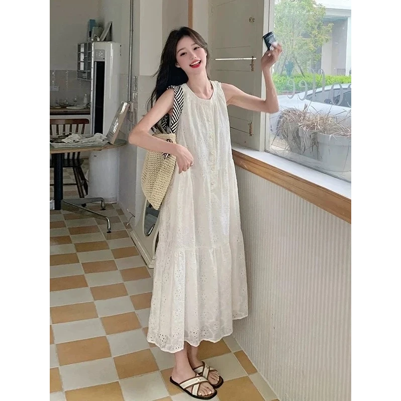 白色无袖背心连衣裙法式温柔气质漂亮独特宽松a字长裙裙子背心裙