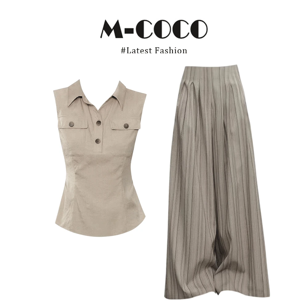 MARIE.COCO复古工装风POLO领无袖衬衫背心上衣搭配条纹休闲裤套装