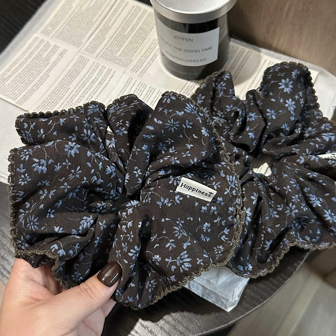 韩国新款马尾扎头绳高级复古咖蓝色碎花大肠发圈发量多丸子头发绳