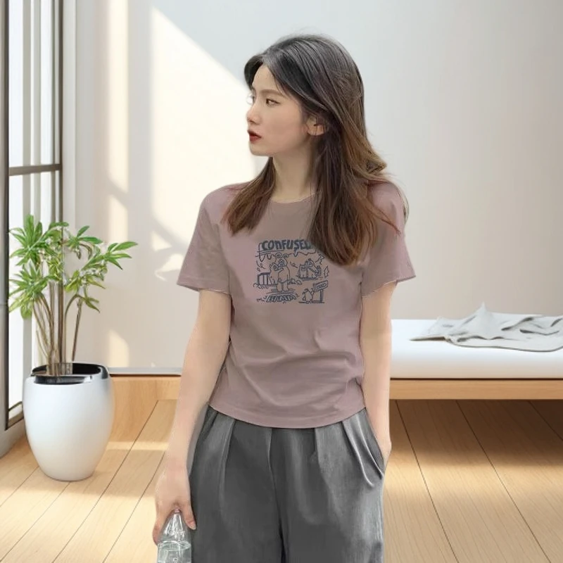 画枕眠2025夏季新款时尚正肩短袖恤女多巴胺穿搭洋气印花圆领上衣