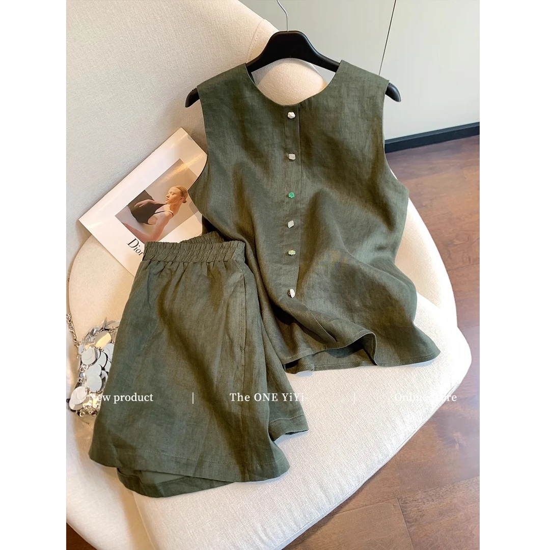 复古墨绿色无袖棉麻老钱风套装女2025夏季新高级感气质短裤两件套