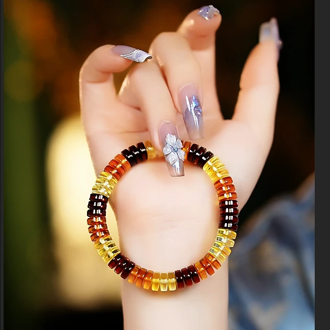 美创珠宝天然原矿琥珀彩虹直切手串