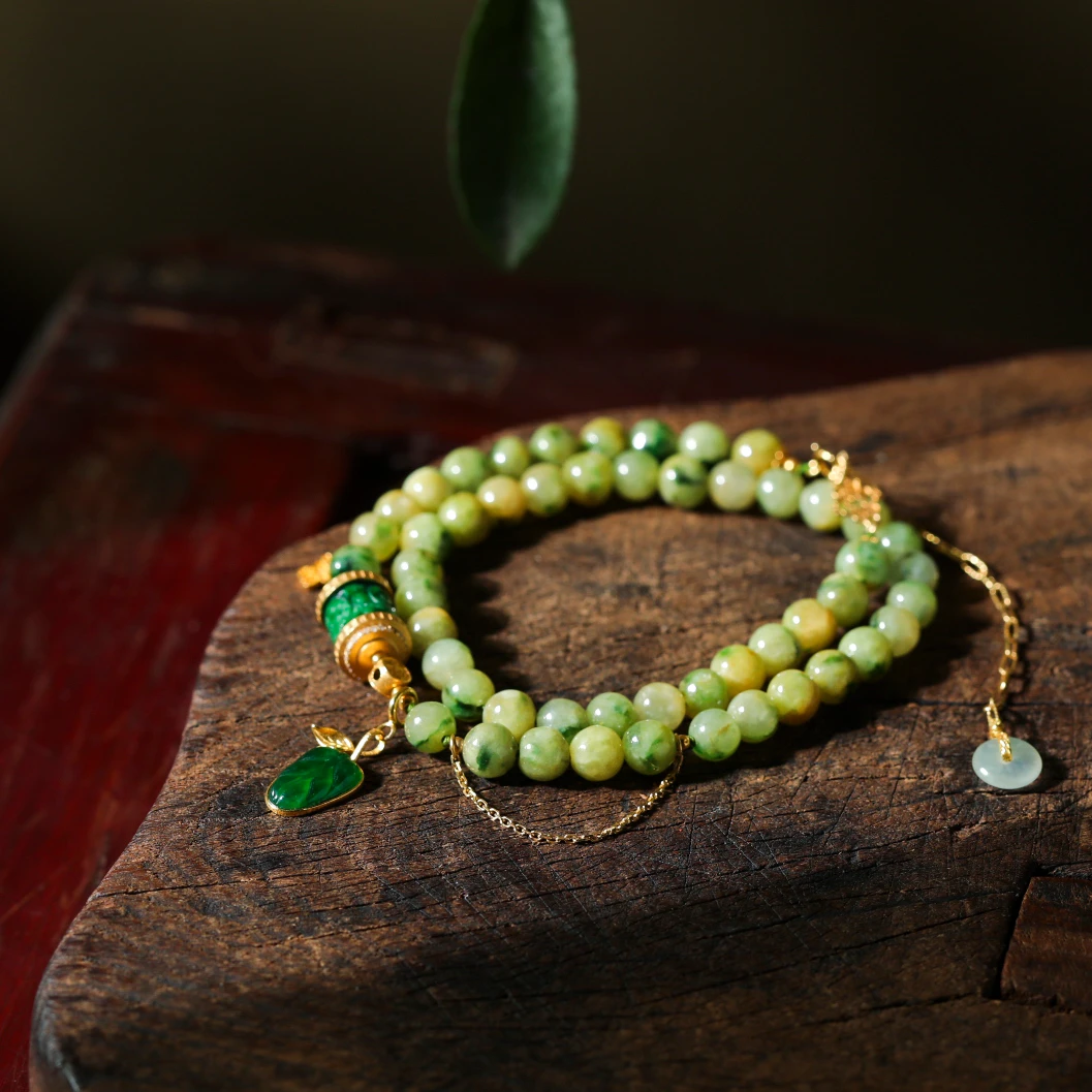 【意婵】天然高品老料黄加绿翡翠双圈雕叶子18k金配件-901474