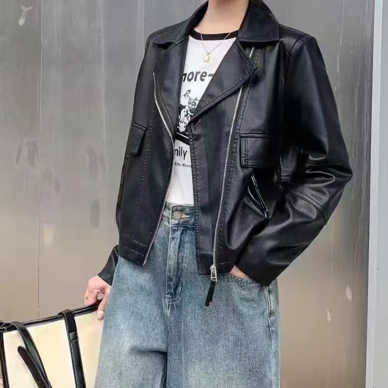 【艾萱萱】2023款时尚休闲机车服PU皮夹克复古小个子短外套 约53