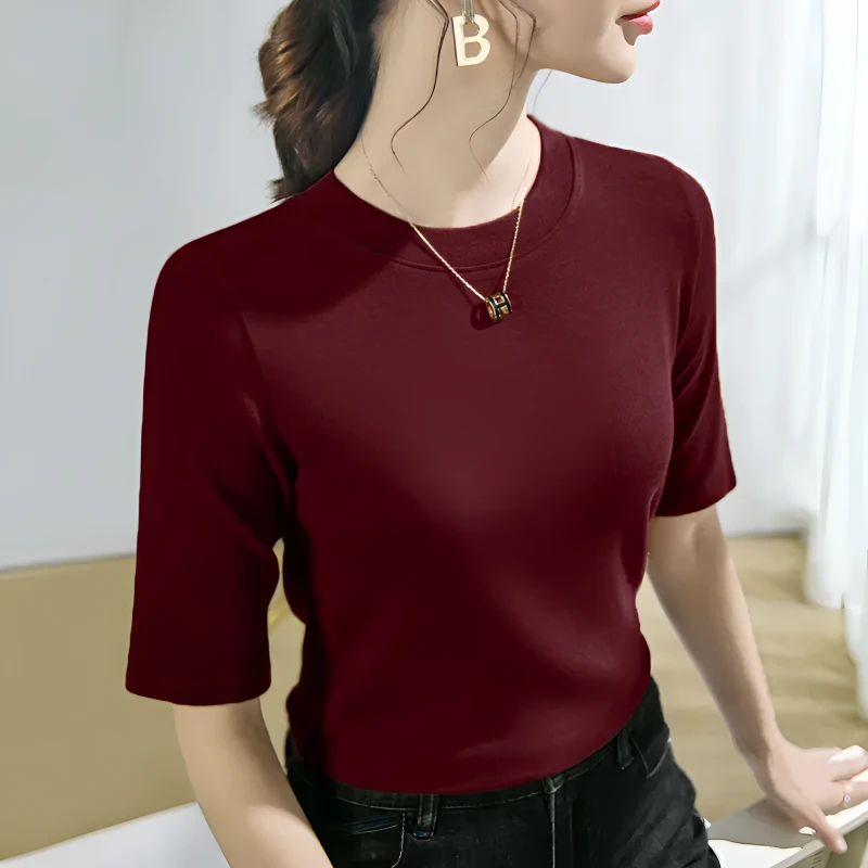 秋季新款中袖打底衫T恤女百搭纯色圆领修身显瘦女士秋冬上衣999