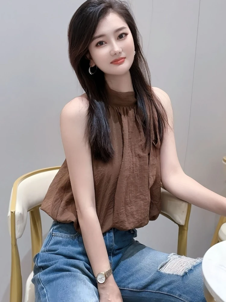 法式气质无袖上衣女夏季高级设计感时尚洋气减龄独特漂亮挂脖衬衫