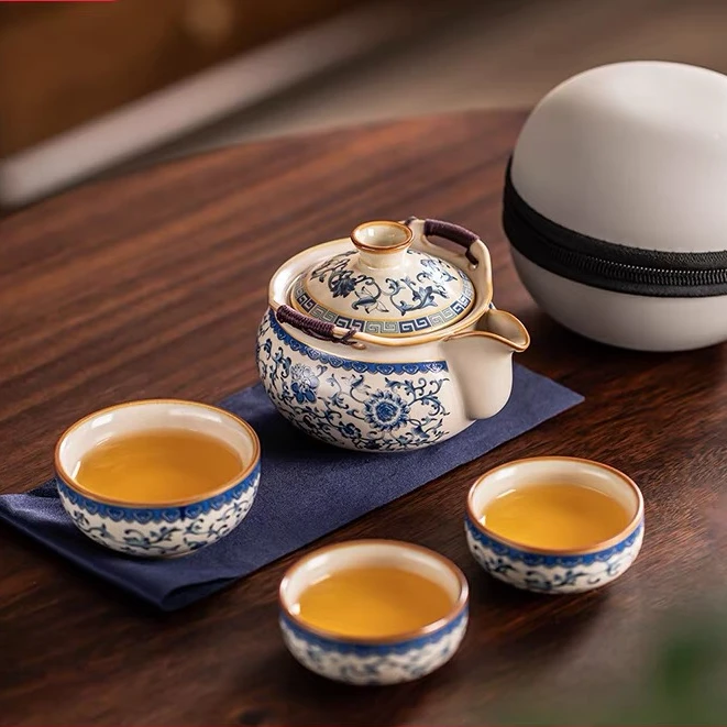 BY150-青花汝窑手抓壶开片可养便携式旅行茶具快客杯一壶三杯