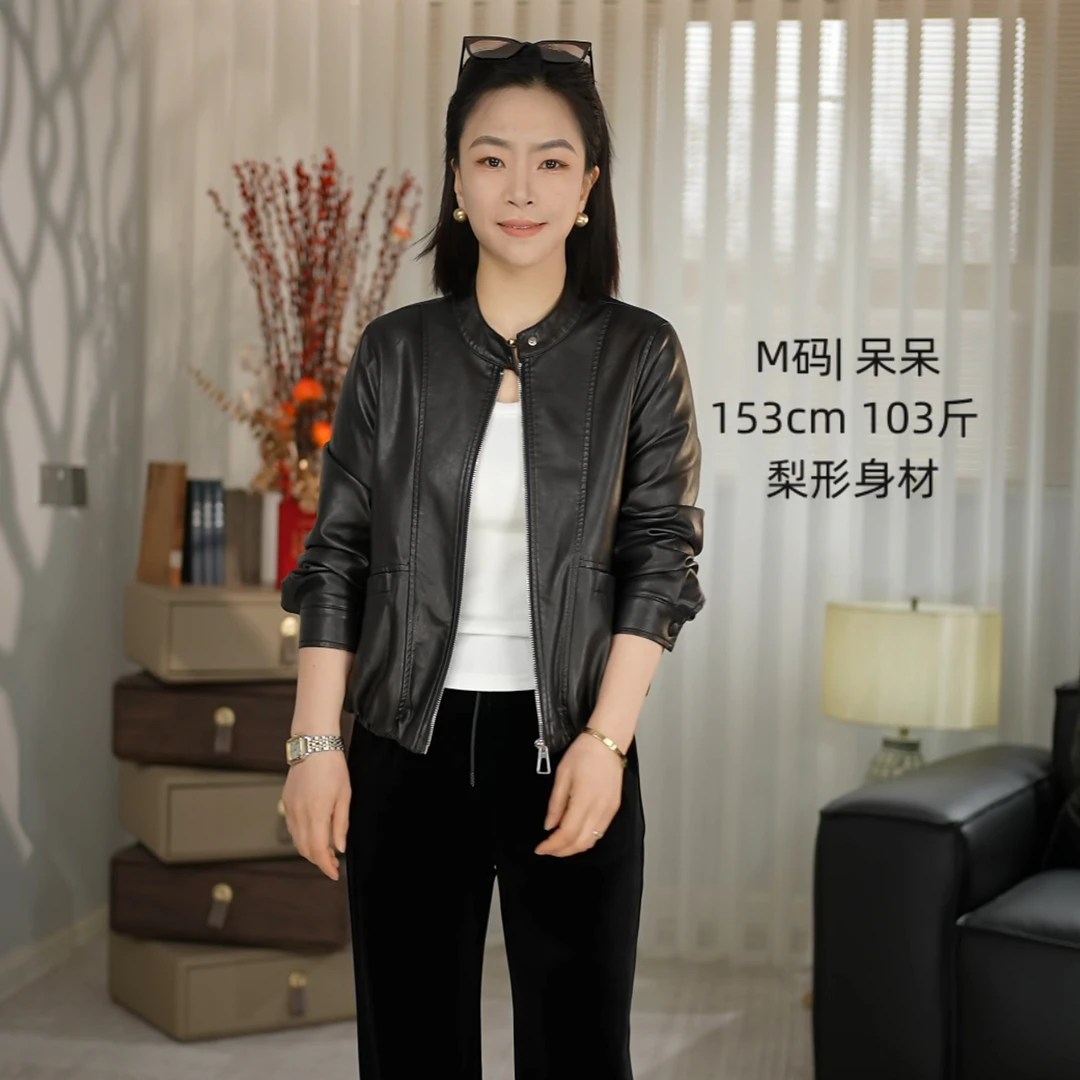 港式美学小立领皮衣女士短款皮外套春季新品百搭短外套DD69101128