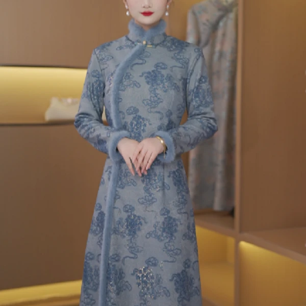 麝月 蓝冬季加绒毛领新款优雅气质文艺日常奥黛改良旗袍