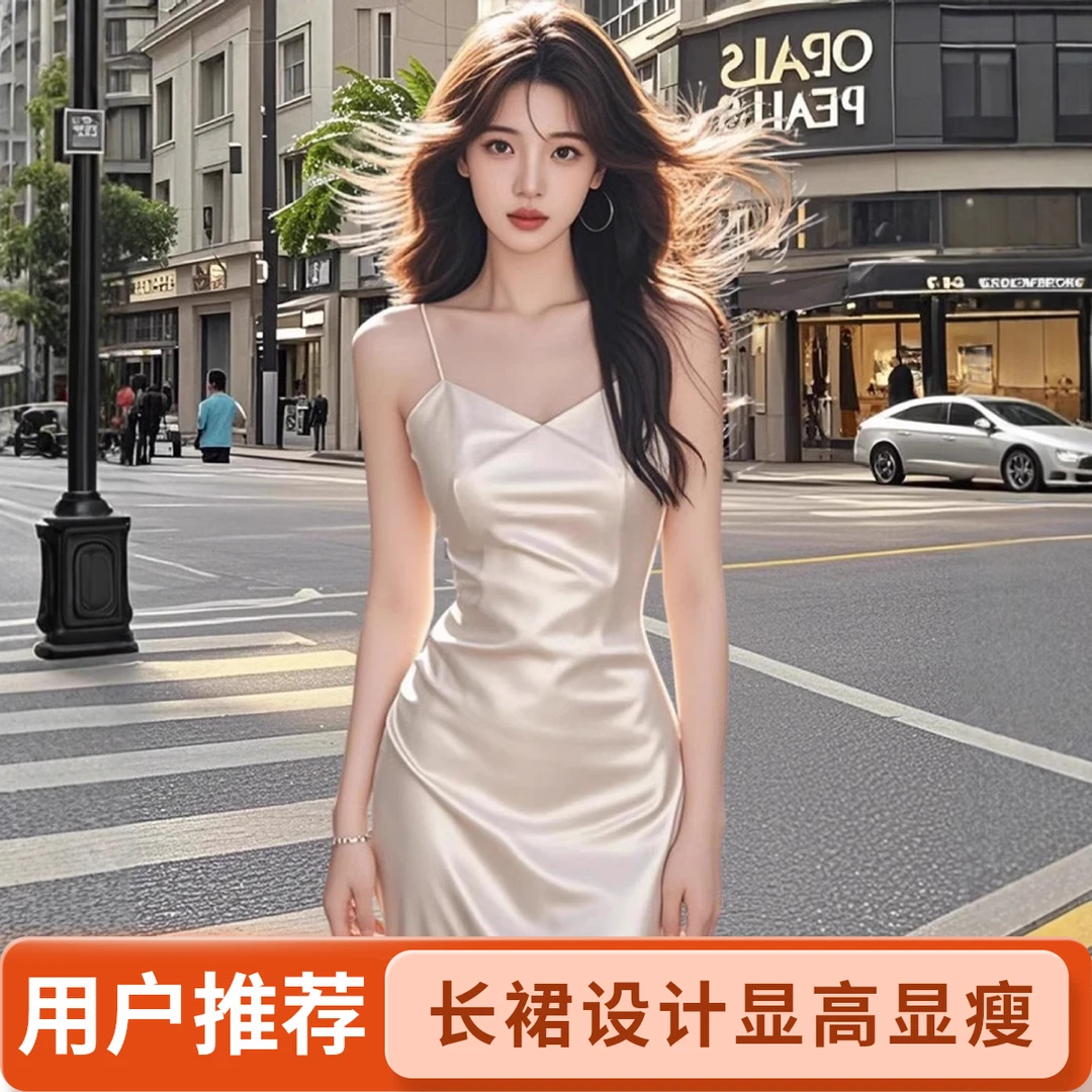 长裙收腰中腰旗袍气质纯色无袖V领吊带款名媛法式5163白色连衣裙