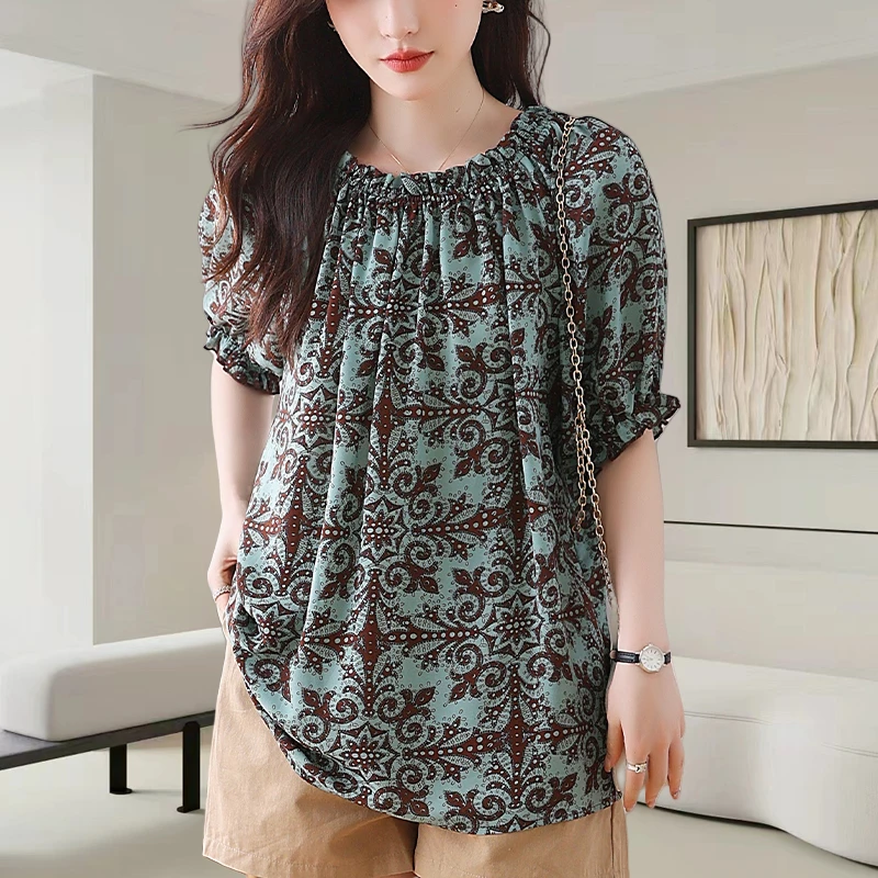 碎花短袖雪纺衫女夏季2025新款独特别致超好看遮肚子洋气小衫上衣