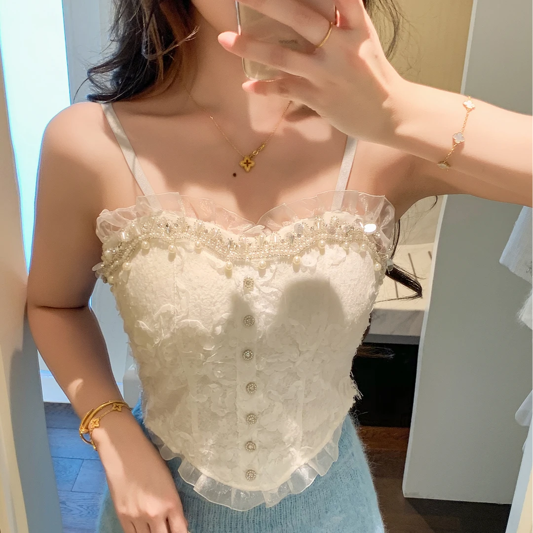 艾日秀甜美减龄木耳边蕾丝拼接百搭收腰显瘦吊带背心上衣女F0974