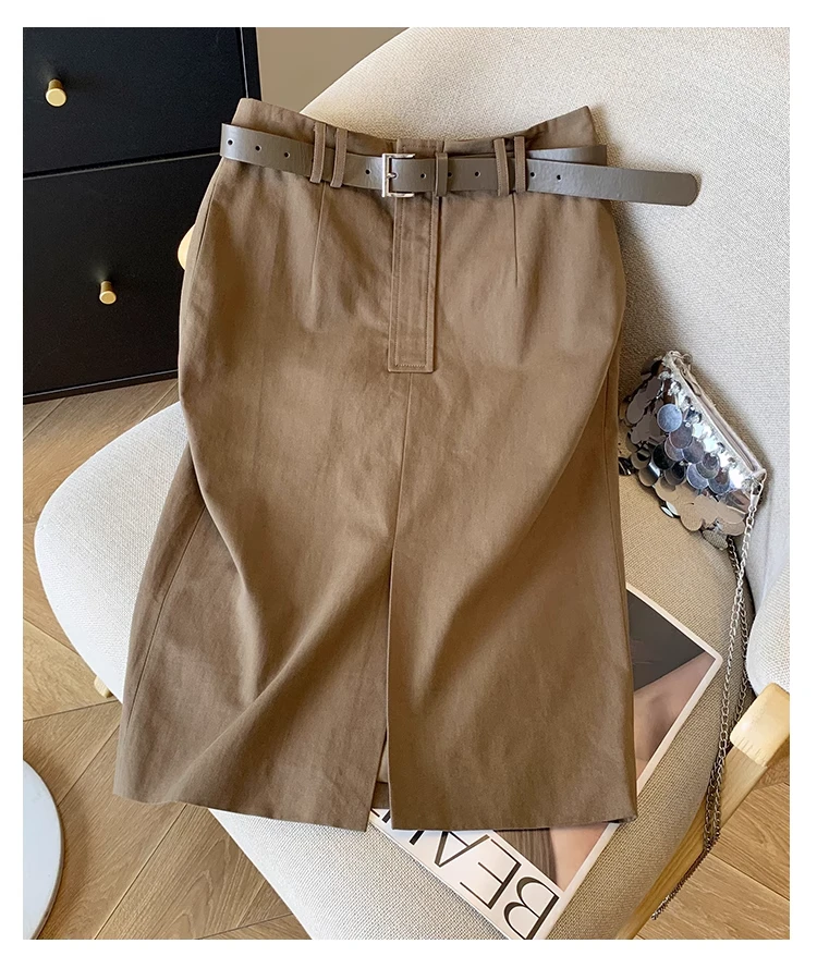 适中包臀裙高腰简约通勤半身裙咖色色宽松夏季纯色直筒显瘦复古