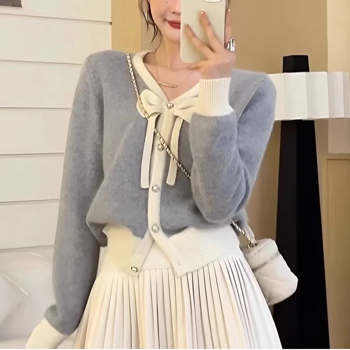 【俐心2】新款甜美V领蝴蝶结亮晶晶时尚洋气针织开衫-毛7