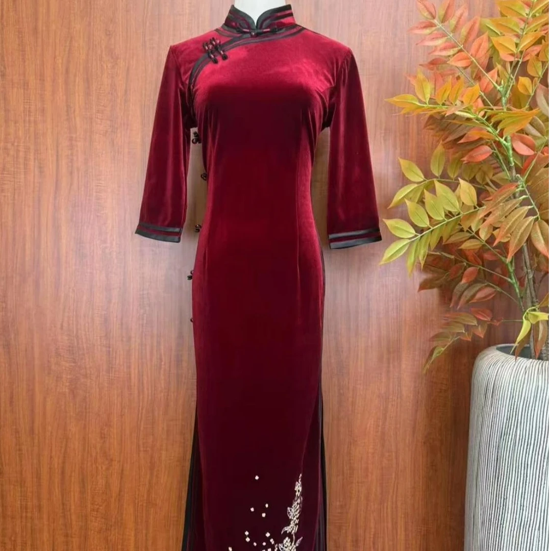 【红锦绣】新款中国风修身复古优雅大方长款长袖旗袍